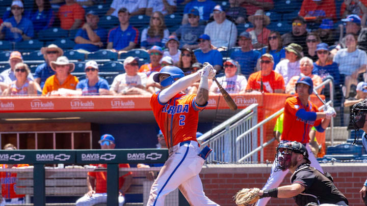 Gators outfielder Ty Evans (2) with a two run homer in the bottom of the second inning against South Carolina. The Gators ended their six game losing streak with an 11-9 win over the Gamecocks in Game 3 of the weekend series at Condron Family Ballpark in Gainesville, Florida, Sunday, April 14, 2024. [Cyndi Chambers/ Gainesville Sun] 2024