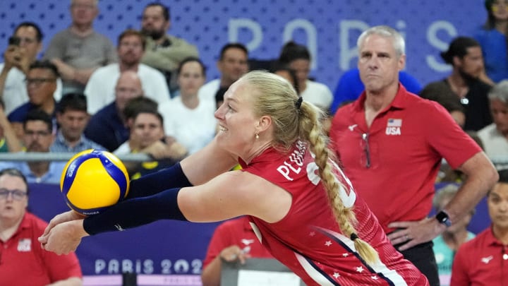 Aug 8, 2024; Paris, France; United States outside hitter Kathryn Plummer (22) passes the ball against Brazil in a women's volleyball semifinal match during the Paris 2024 Olympic Summer Games at South Paris Arena 1. Mandatory Credit: Michael Madrid-USA TODAY Sports