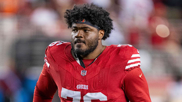 August 19, 2023; Santa Clara, California, USA; San Francisco 49ers guard Jaylon Moore (76) after the game against the Denver Broncos at Levi's Stadium. Mandatory Credit: Kyle Terada-Imagn Images