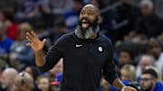 Feb 3, 2024; Philadelphia, Pennsylvania, USA; Brooklyn Nets head coach Jacque Vaughn reacts during the first quarter against the Philadelphia 76ers at Wells Fargo Center. Mandatory Credit: Bill Streicher-Imagn Images