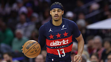 Mar 26, 2025; Philadelphia, Pennsylvania, USA; Washington Wizards guard Jordan Poole (13) dribbles the ball against the Philadelphia 76ers during the first quarter at Wells Fargo Center. Mandatory Credit: Bill Streicher-Imagn Images