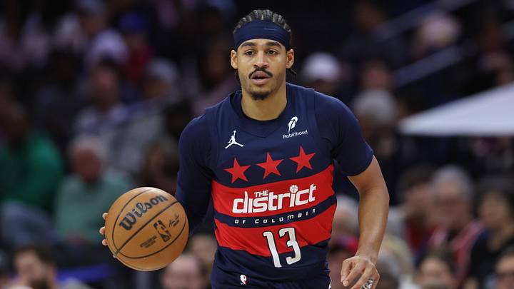 Mar 26, 2025; Philadelphia, Pennsylvania, USA; Washington Wizards guard Jordan Poole (13) dribbles the ball against the Philadelphia 76ers during the first quarter at Wells Fargo Center. Mandatory Credit: Bill Streicher-Imagn Images