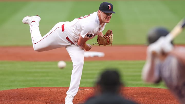 Jul 7, 2025; Boston, Massachusetts, USA; Boston Red Sox starting pitcher Richard Fitts (80) delivers a pitch during the first inning against the Colorado Rockies at Fenway Park. Mandatory Credit: Paul Rutherford-Imagn Images