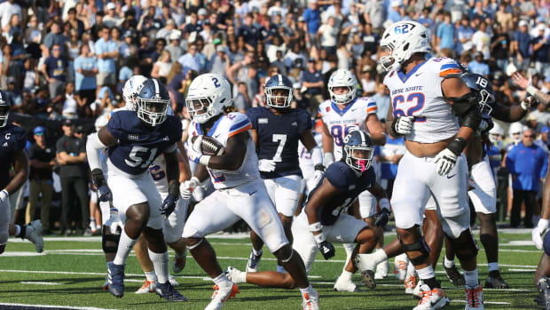 Saturday, August 31, 2024; Statesboro, Georgia; Boise State running back Ashton Jeanty scores a touchdown against the Georgia