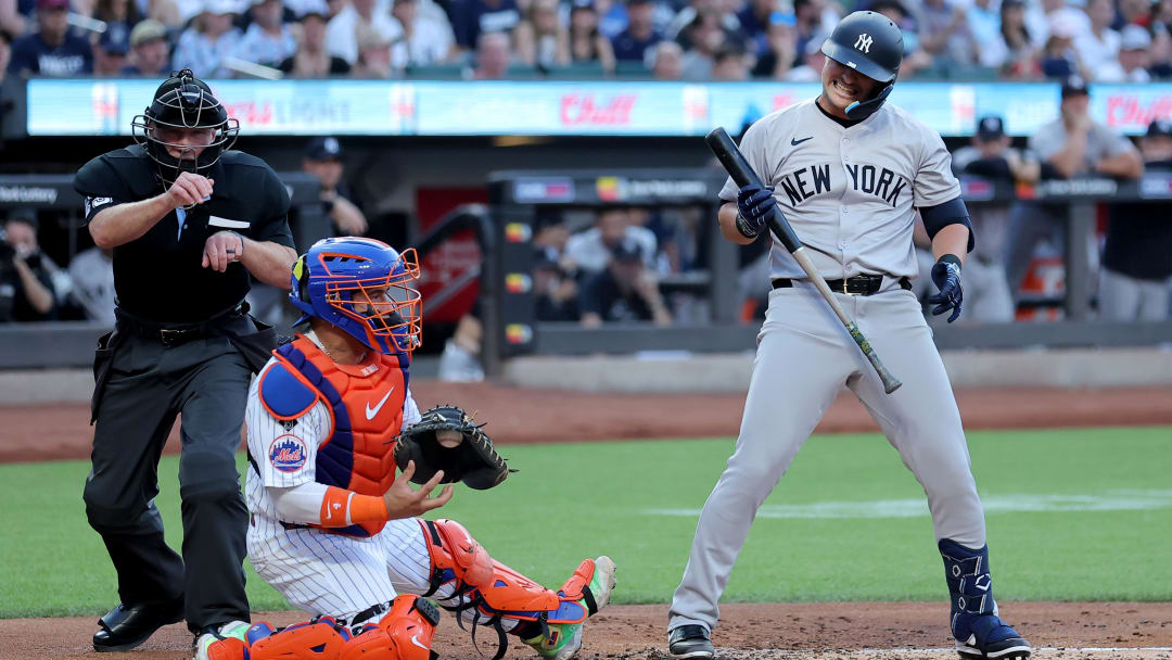 Jun 25, 2024; New York City, New York, USA; New York Yankees first baseman J.D. Davis (38) reacts after striking out to end the top of the first inning against the New York Mets at Citi Field. Mandatory Credit: Brad Penner-USA TODAY Sports