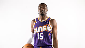 Sep 24, 2025; Phoenix, AZ, USA; Phoenix Suns center Mark Williams (15) poses for portrait during Media Day at PHX Arena. Mandatory Credit: Mark J. Rebilas-Imagn Images