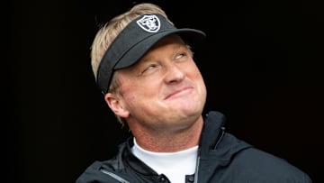 Dec 16, 2018; Cincinnati, OH, USA; Oakland Raiders head coach Jon Gruden takes the field for warmups prior to the game against the Cincinnati Bengals at Paul Brown Stadium. Mandatory Credit: Aaron Doster-Imagn Images