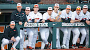 The Oregon State dugout watches its team compete against San Diego during an NCAA college baseball game at Goss Stadium on Friday, March 7, 2025, in Corvallis, Ore.