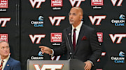 Nov 19, 2025; Blacksburg, VA, USA;  Virginia Tech head coach James Franklin speaks during the press conference at Cassell Coliseum. Mandatory Credit: Brian Bishop-Imagn Images