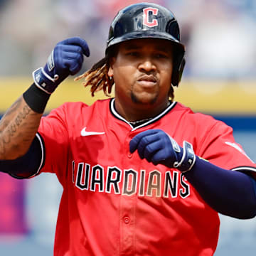 May 14, 2025; Cleveland, Ohio, USA; Cleveland Guardians designated hitter Jose Ramirez (11) rounds the bases after hitting a home run during the eighth inning against the Milwaukee Brewers at Progressive Field. Mandatory Credit: Ken Blaze-Imagn Images