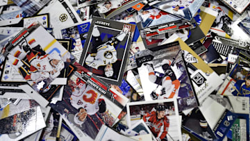 Jan 29, 2016; Nashville, TN, USA; Detail view of Upper Deck hockey cards at the fan fair prior to the 2016 NHL All Star Game at Bridgestone Arena. Mandatory Credit: Christopher Hanewinckel-Imagn Images