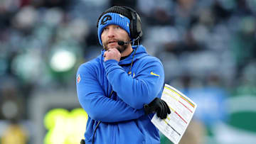 Dec 22, 2024; East Rutherford, New Jersey, USA; Los Angeles Rams head coach Sean McVay coaches against the New York Jets during the fourth quarter at MetLife Stadium. Mandatory Credit: Brad Penner-Imagn Images