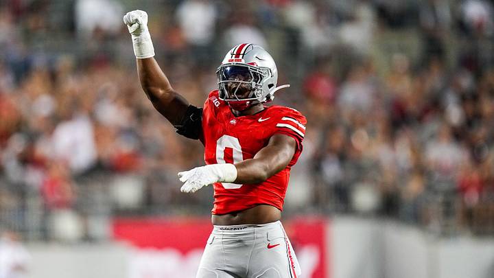 Ohio State Buckeyes linebacker Sonny Styles reacts in the first half at Ohio Stadium.