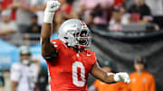 Ohio State Buckeyes linebacker Sonny Styles celebrates a tackle for loss during the second quarter against the Ohio Bobcats