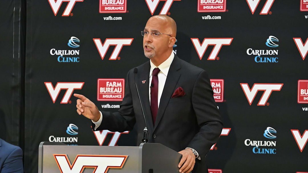 Nov 19, 2025; Blacksburg, VA, USA;  Virginia Tech head coach James Franklin speaks during the press conference at Cassell Coliseum. Mandatory Credit: Brian Bishop-Imagn Images