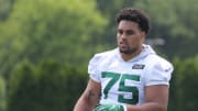 Offensive lineman Alijah Vera-Tucker as the New York Jets participate in OTA   s at their practice facility in Florham Park, NJ on June 10, 2021.