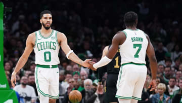 Boston Celtics forward Jayson Tatum (0) and guard Jaylen Brown.