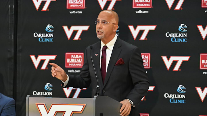 Nov 19, 2025; Blacksburg, VA, USA;  c speaks during the press conference at Cassell Coliseum. Mandatory Credit: Brian Bishop-Imagn Images
