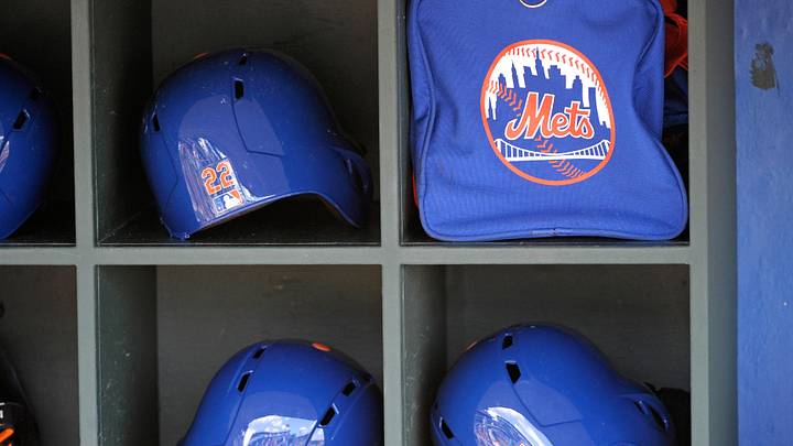 Aug 10, 2014; Philadelphia, PA, USA; New York Mets batting helmets in the dugout before game against the Philadelphia Phillies at Citizens Bank Park. The Phillies defeated the Mets, 7-6. Mandatory Credit: Eric Hartline-Imagn Images