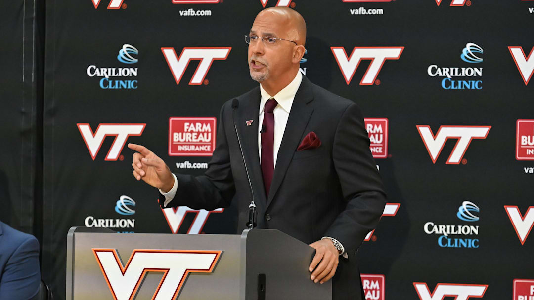 Nov 19, 2025; Blacksburg, VA, USA;  Virginia Tech head coach James Franklin speaks during the press conference at Cassell Coliseum. Mandatory Credit: Brian Bishop-Imagn Images