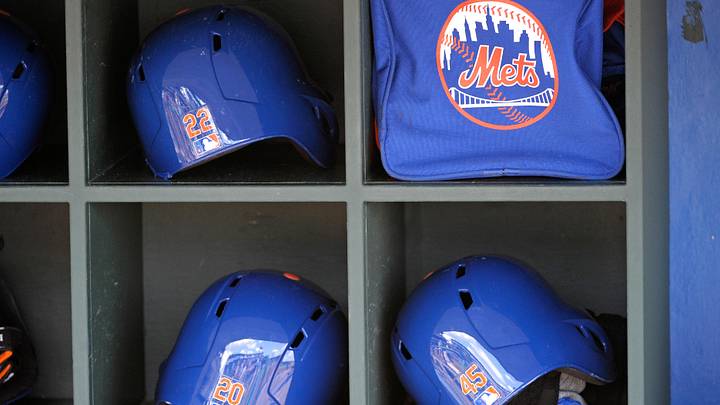 Aug 10, 2014; Philadelphia, PA, USA; New York Mets batting helmets in the dugout before game against the Philadelphia Phillies at Citizens Bank Park. The Phillies defeated the Mets, 7-6. Mandatory Credit: Eric Hartline-Imagn Images
