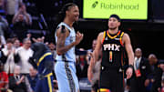 Mar 10, 2025; Memphis, Tennessee, USA; Memphis Grizzlies guard Ja Morant (12) reacts during the fourth quarter against the Phoenix Suns at FedExForum. Mandatory Credit: Petre Thomas-Imagn Images