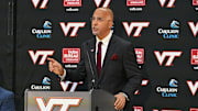 Nov 19, 2025; Blacksburg, VA, USA;  Virginia Tech head coach James Franklin speaks during the press conference at Cassell Coliseum. Mandatory Credit: Brian Bishop-Imagn Images