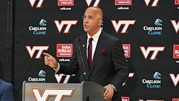 Nov 19, 2025; Blacksburg, VA, USA;  Virginia Tech head coach James Franklin speaks during the press conference at Cassell Coliseum. Mandatory Credit: Brian Bishop-Imagn Images