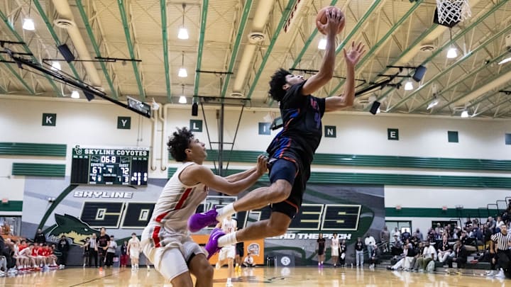 Jan 2, 2026; Mesa, AZ, USA; Rainier Beach High School (WA) forward Tyran Stokes (4) against Mater Dei during the HoopHall West Tournament at Skyline High School. Mandatory Credit: Mark J. Rebilas-Imagn Images