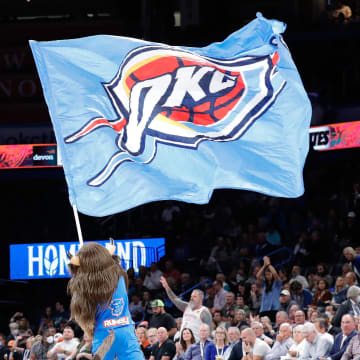 Nov 15, 2021; Oklahoma City, Oklahoma, USA; Oklahoma City Thunder mascot Rumble the Bison during the second half of their game against the Miami Heat at Paycom Center. Miami won 103-90. Mandatory Credit: Alonzo Adams-USA TODAY Sports