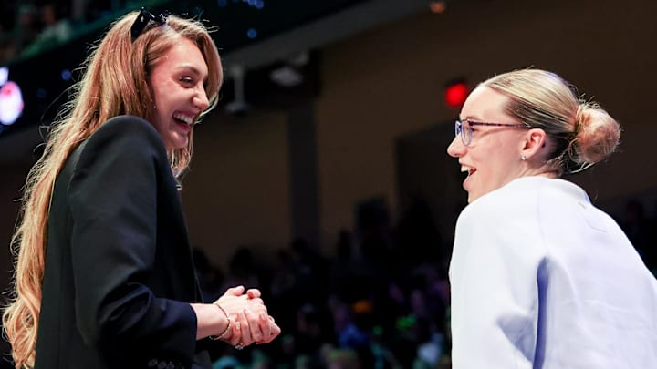 Jun 6, 2025; Arlington, Texas, USA; Los Angeles Sparks forward Cameron Brink (left) speaks with Dallas Wings guard Paige Bueckers (right) before the game at College Park Center. Mandatory Credit: Kevin Jairaj-Imagn Images Jun 6, 2025; Arlington, Texas, USA; Los Angeles Sparks forward Cameron Brink (left) speaks with Dallas Wings guard Paige Bueckers (right) before the game at College Park Center. Mandatory Credit: Kevin Jairaj-Imagn Images