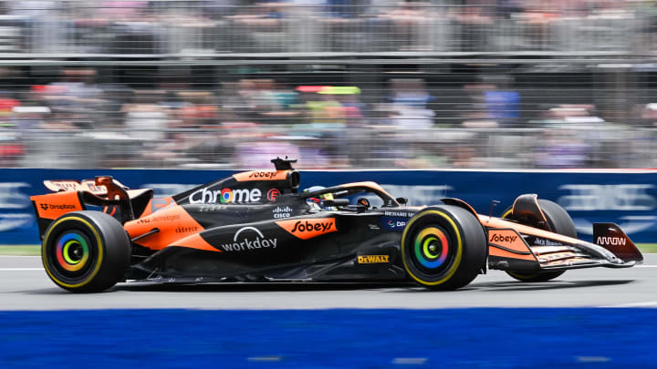 Jun 8, 2024; Montreal, Quebec, CAN; McLaren driver Oscar Piastri (AUS) races during FP3 practice session of the Canadian Grand Prix at Circuit Gilles Villeneuve. Mandatory Credit: David Kirouac-USA TODAY Sports