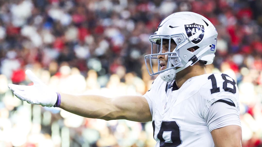 Dec 21, 2025; Houston, Texas, USA; Las Vegas Raiders wide receiver Jack Bech (18) reacts after catching a pass against the Houston Texans during the first quarter at NRG Stadium. Mandatory Credit: Troy Taormina-Imagn Images