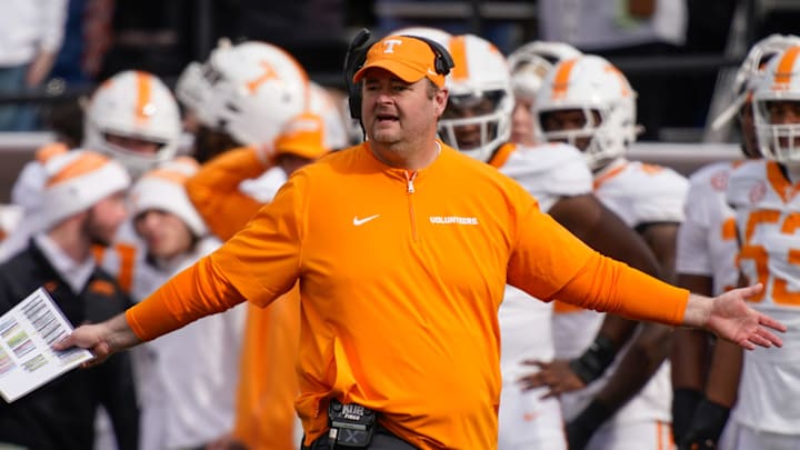 Tennessee head coach Josh Heupel disputes a call during the second quarter at FirstBank Stadium in Nashville, Tenn., Saturday, Nov. 30, 2024.