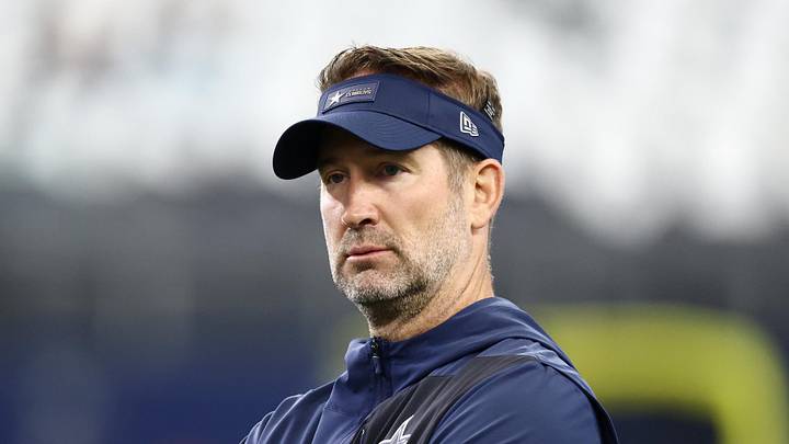 Dallas Cowboys head coach Brian Schottenheimer looks on during warmups before the game against the New York Giants at AT&T Stadium.