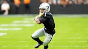 Oct 12, 2025; Paradise, Nevada, USA; Las Vegas Raiders wide receiver Tre Tucker (1) makes a catch during the first half against the Tennessee Titans at Allegiant Stadium. 