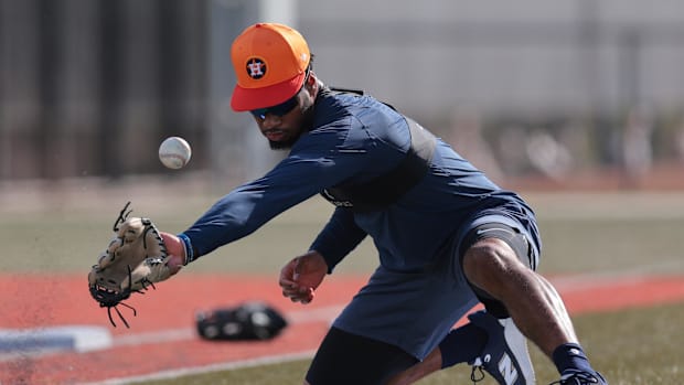 Houston Astros infielder Brice Matthews (86) works out during spring training at CACTI Park of the Palm Beaches. 