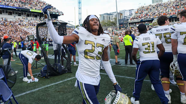 Nov 9, 2024; Atlanta, Georgia, USA; Georgia Tech Yellow Jackets defensive back Zachary Tobe (23) celebrates on the sideline a
