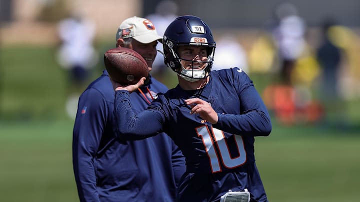 May 23, 2024; Englewood, CO, USA; Denver Broncos quarterback Bo Nix (10) during organized team activities at Centura Health Training Center. Mandatory Credit: Isaiah J. Downing-USA TODAY Sports