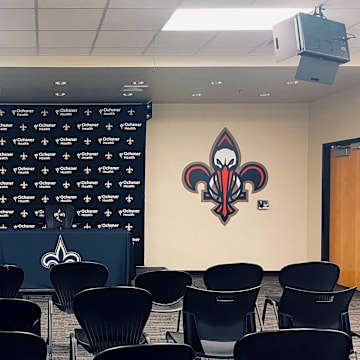 May 14, 2022; New Orleans, LA, USA;   General view of the New Orleans Saints and New Orleans Pelicans interview room before the start of rookie minicamp at the New Orleans Saints Training Facility. 