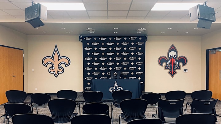 May 14, 2022; New Orleans, LA, USA;   General view of the New Orleans Saints and New Orleans Pelicans interview room before the start of rookie minicamp at the New Orleans Saints Training Facility. 