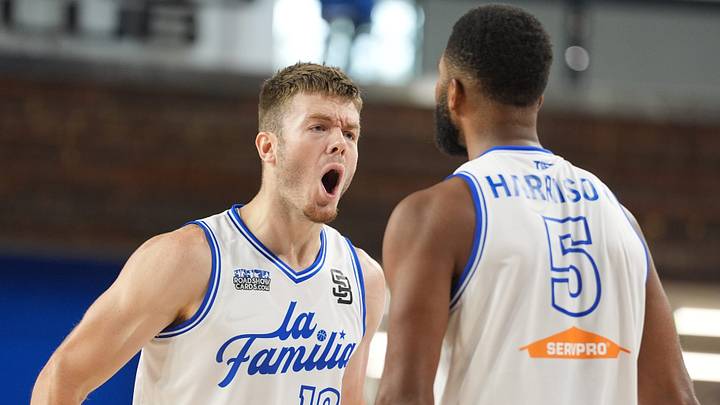 La Familia’s Sean McNeil celebrates with Andrew Harrison after making a three against The Ville in first game of The Basketball Tournament at Memorial Coliseum.
July 18, 2026