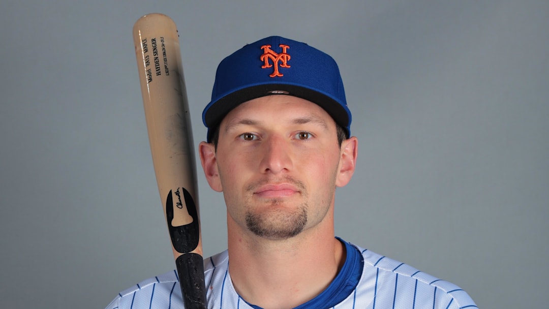 Feb 20, 2025; Port St. Lucie, FL, USA; New York Mets catcher Hayden Senger (98) poses for a photo during picture day at Clover Park. Mandatory Credit: Sam Navarro-Imagn Images
