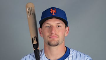 Feb 20, 2025; Port St. Lucie, FL, USA; New York Mets catcher Hayden Senger (98) poses for a photo during picture day at Clover Park. Mandatory Credit: Sam Navarro-Imagn Images