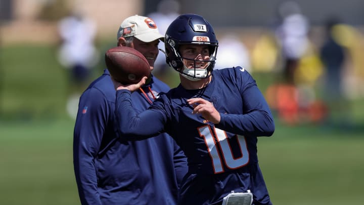 May 23, 2024; Englewood, CO, USA; Denver Broncos quarterback Bo Nix (10) during organized team activities at Centura Health Training Center. Mandatory Credit: Isaiah J. Downing-USA TODAY Sports