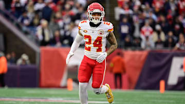 Dec 17, 2023; Foxborough, Massachusetts, USA; Kansas City Chiefs wide receiver Skyy Moore (24) lines up during the first half against the against the New England Patriots at Gillette Stadium. Mandatory Credit: Eric Canha-Imagn Images