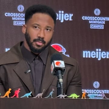 Cleveland Browns defensive end Myles Garrett spoke Friday, March 14, 2025, at team headquarters in Berea, Ohio, about signing a historic contract extension. Garrett loves dinosaurs, so his media availability had a theme.