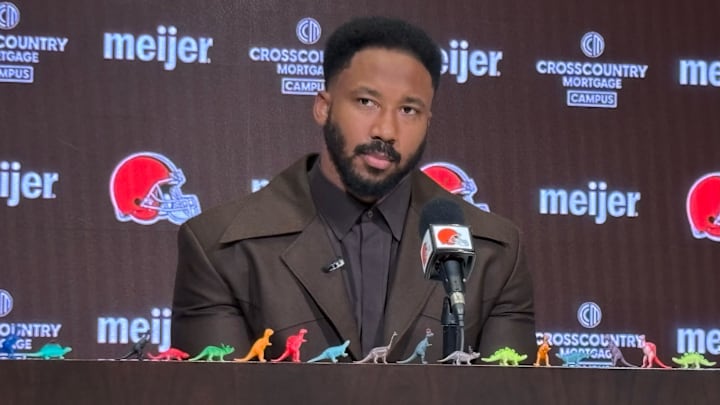 Cleveland Browns defensive end Myles Garrett spoke Friday, March 14, 2025, at team headquarters in Berea, Ohio, about signing a historic contract extension. Garrett loves dinosaurs, so his media availability had a theme. Cleveland Browns defensive end Myles Garrett spoke Friday, March 14, 2025, at team headquarters in Berea, Ohio, about signing a historic contract extension. Garrett loves dinosaurs, so his media availability had a theme.