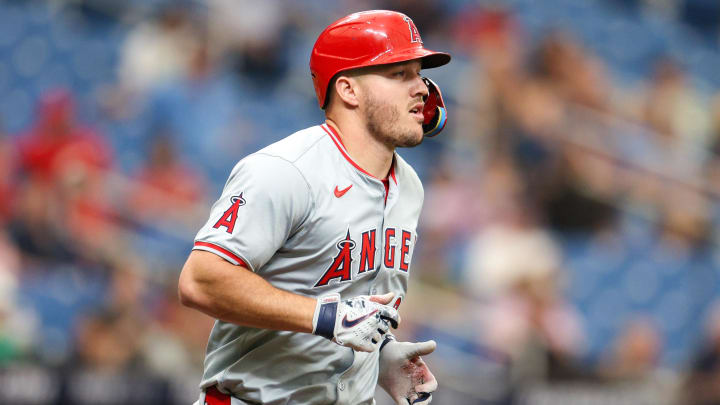 Apr 18, 2024; St. Petersburg, Florida, USA;  Los Angeles Angels outfielder Mike Trout (27) walks to first base against the Tampa Bay Rays in the sixth inning at Tropicana Field.