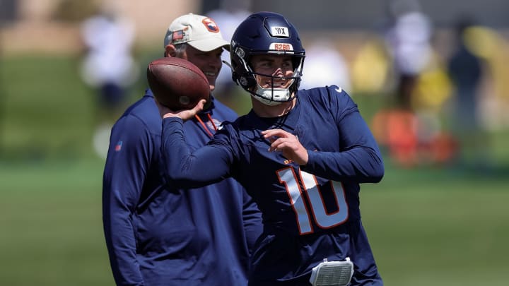 May 23, 2024; Englewood, CO, USA; Denver Broncos quarterback Bo Nix (10) during organized team activities at Centura Health Training Center. Mandatory Credit: Isaiah J. Downing-USA TODAY Sports